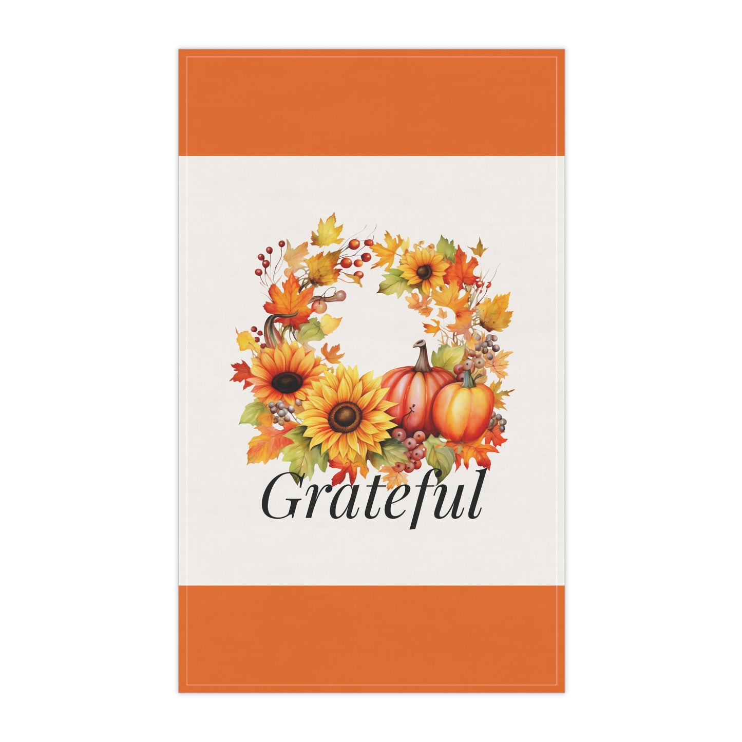 Grateful Fall Wreath Tea Towel – Autumn Sunflowers & Pumpkins Kitchen Towel