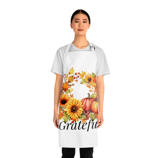 Grateful Fall Wreath Apron – Autumn Sunflower & Pumpkin Design, Thanksgiving Kitchen Gift, Rustic Farmhouse Decor (USA)