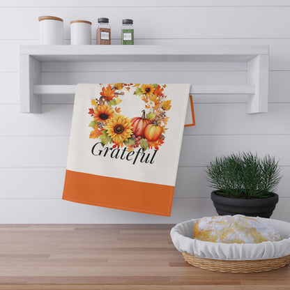 Grateful Fall Wreath Tea Towel – Autumn Sunflowers & Pumpkins Kitchen Towel