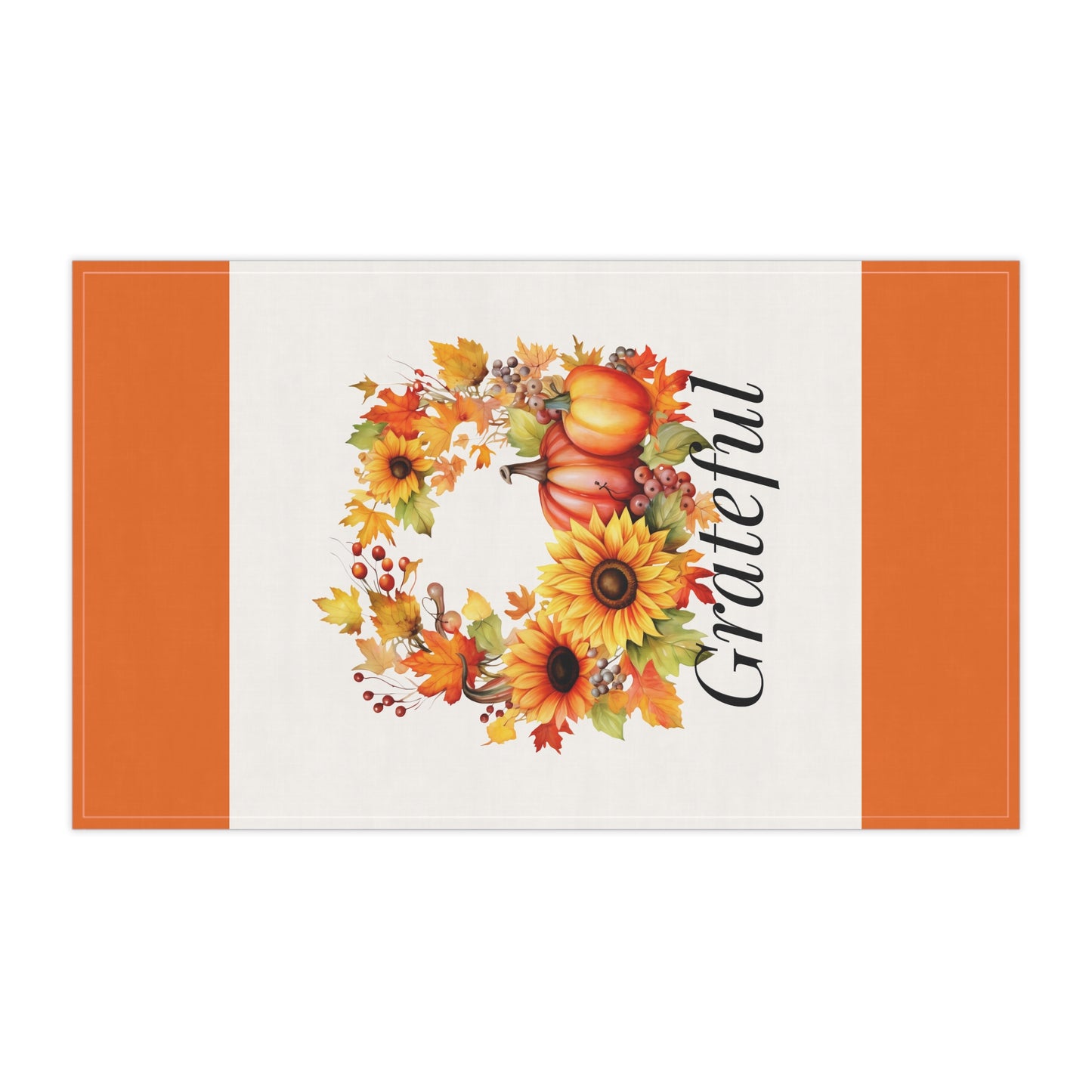 Grateful Fall Wreath Tea Towel – Autumn Sunflowers & Pumpkins Kitchen Towel