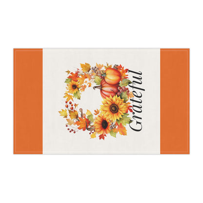 Grateful Fall Wreath Tea Towel – Autumn Sunflowers & Pumpkins Kitchen Towel