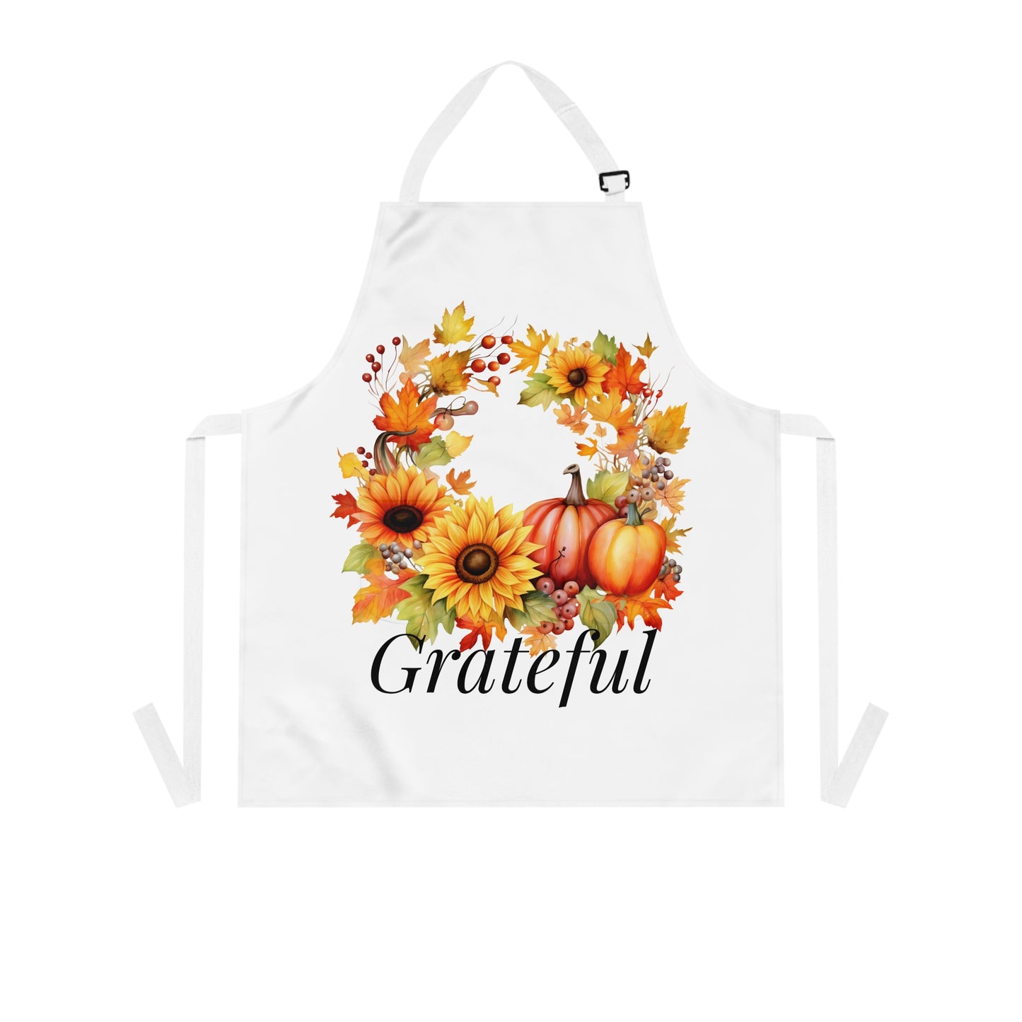 Grateful Fall Wreath Apron – Autumn Sunflower & Pumpkin Design, Thanksgiving Kitchen Gift, Rustic Farmhouse Decor (USA)
