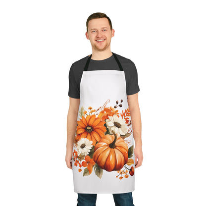 Autumn Floral Pumpkin Apron – Fall Harvest Kitchen Decor, Thanksgiving Gift, Rustic Orange & White Flower Design (USA)