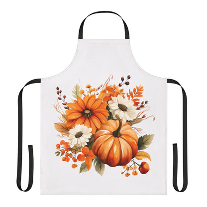 Autumn Floral Pumpkin Apron – Fall Harvest Kitchen Decor, Thanksgiving Gift, Rustic Orange & White Flower Design (USA)