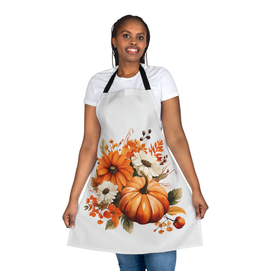 Autumn Floral Pumpkin Apron – Fall Harvest Kitchen Decor, Thanksgiving Gift, Rustic Orange & White Flower Design (USA)